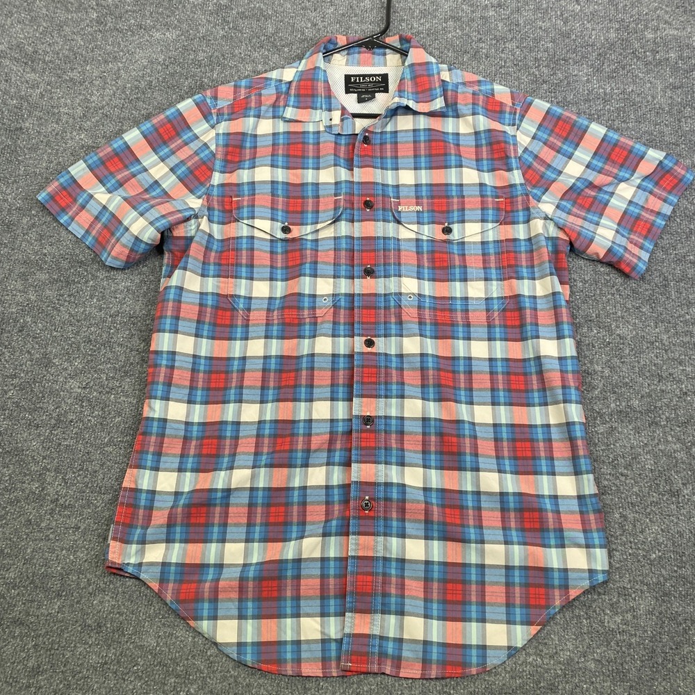 Filson Mens Small Blue Red Plaid Short Sleeve Button Down Fishing Shirt Mesh